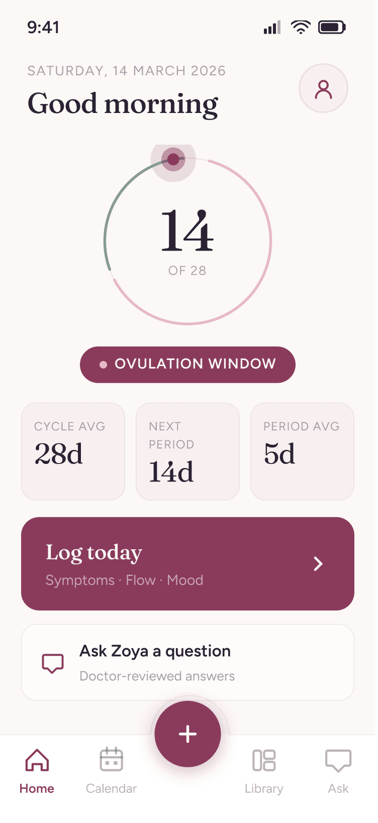 Zoya home screen showing today's cycle day, ovulation window, and quick actions to log symptoms or ask a question