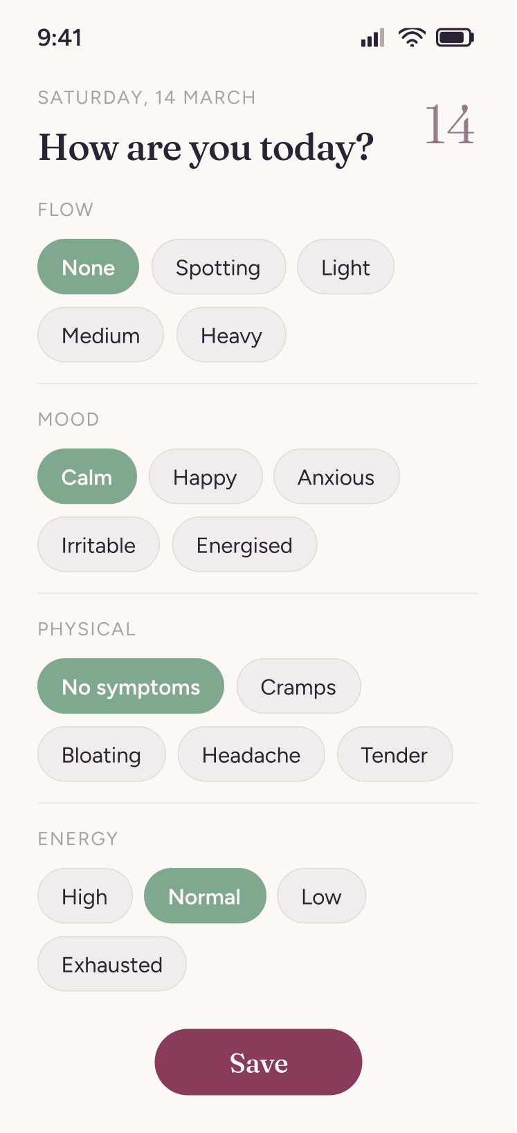 Zoya symptom-logging screen with quick-tap chips for flow, mood, physical symptoms, and energy